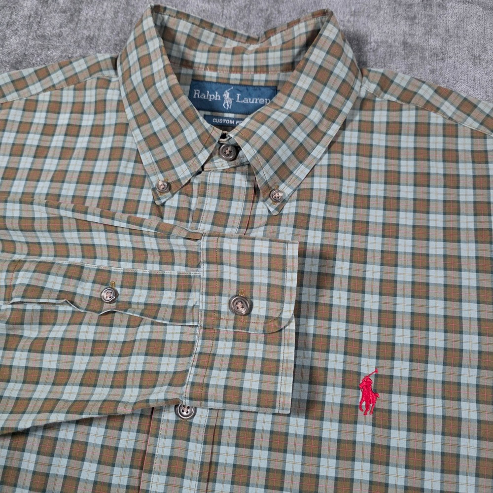 Ralph Lauren Custom Fit Plaid Button Down Shirt Mens Large Blue Brown Cotton